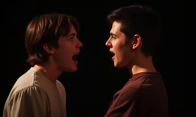 学生が演劇作品で感情豊かに演技している写真