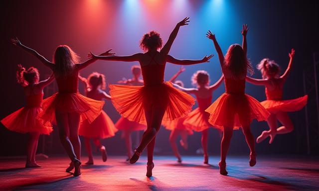 学生がミュージカルのダンスシーンを演じている写真
